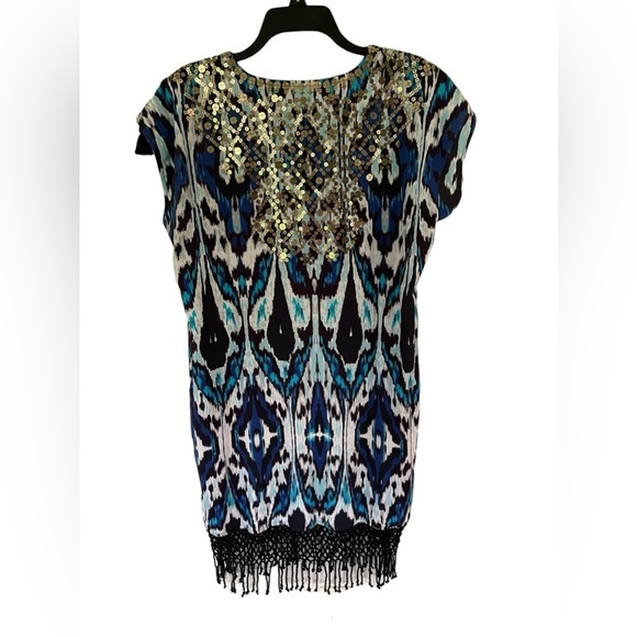 NWT Figue Anais Blue Ikat  Party Mini Dress Women's Sequins Fringe Size Small‎ - Picture 2 of 16
